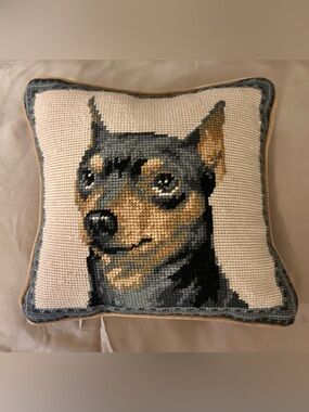 Vintage Handmade Miniature Pinscher Tapestry Needlepoint Decorator Pillow 10x10